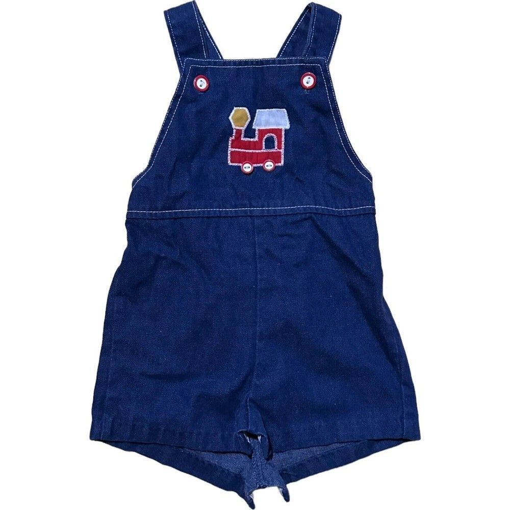 VINTAGE Health-Tex Retro Denim Cloth Bib Overalls W/Red Truck 24m Made In USA